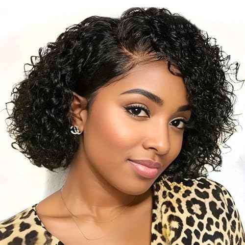 13x6 Deep Wave Lace Front Wigs Short Curly Bob Wig Human Hair 200 Density HD Glueless Lace Frontal Human Hair Wigs for Black Women Pre Plucked Natural Black 8 Inch