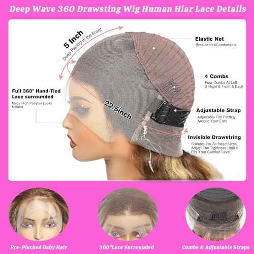 Hidden Strap 360 Deep Wave Lace Front Wigs Human Hair 180 Density Highlight Ombre HD Full Lace Front Wigs Human Hair Pre Plucked 22 Inch Drawstring Honey Blonde Wig Human Hair For Women