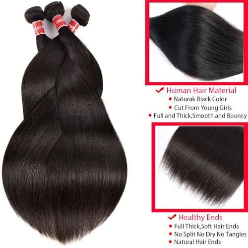 Straight Human Hair Bundles 16 18 20 Inch 12A Brazilian Virgin Straight Hair Bundles 100% Unprocessed Human Hair Weave Bundles Human Hair Extensions for Black Women Natural Black Color