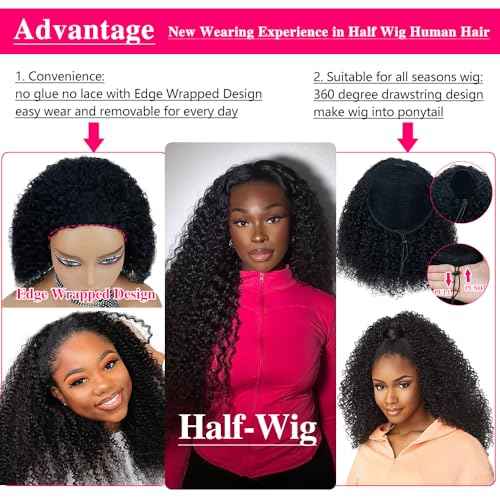 20 Inch Kinky Curly Half Wig Human Hair 200% Density Wear Go Glueless Wigs Human Hair Curly 3 In 1 Half Wigs for Women Drawstring Seamless Flip Headband Wig Beginner Friendly