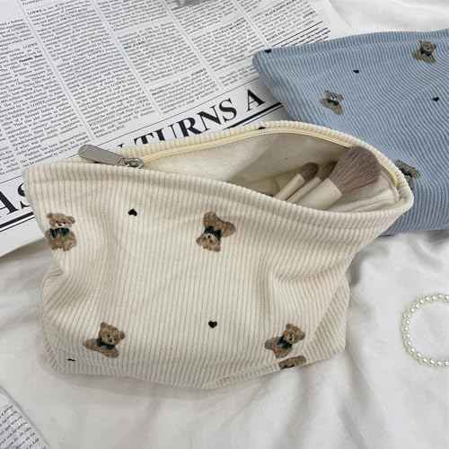 Cute Small Soft Corduroy Zipper Makeup Bag for Purse, Coquette Aesthetic Pouch with Bear Pattern for Women Girls, Kawaii Travel Cosmetic Bags£¨03Beige£©