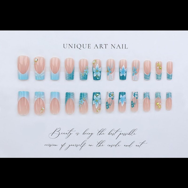 24Pcs Blue Flower Press on Nails Long Square Fake Nails 3D Floral Hibiscus with Gold Starfish Rhinestones Cute Design Spring Summer Glue on Nail French Tip False Nails Stick on Nail for Women Manicure