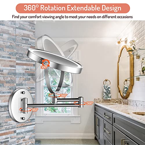 Rocollos Rechargeable Wall Mounted Lighted Makeup Mirror, 8 Inch Double-Sided LED Vanity Mirror 1X/7X Magnification,3 Color Lights Touch Screen Dimmable 360¡ÆSwivel 13 Inch Extendable