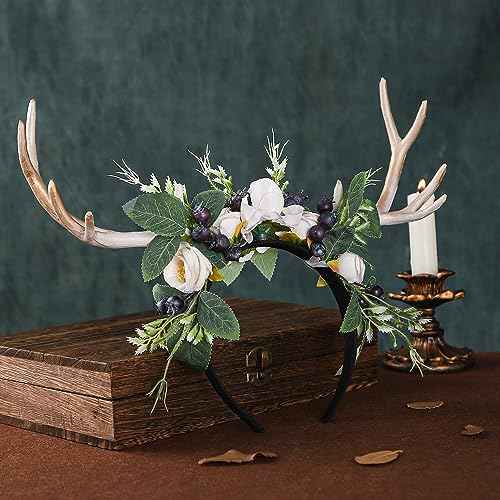 MOSTORY Handmade Deer Horns Headband - Flower Antler Hairband Woodland Reindeer Headpiece with Berries for Prom Renaissance Halloween Cosplay Accessory
