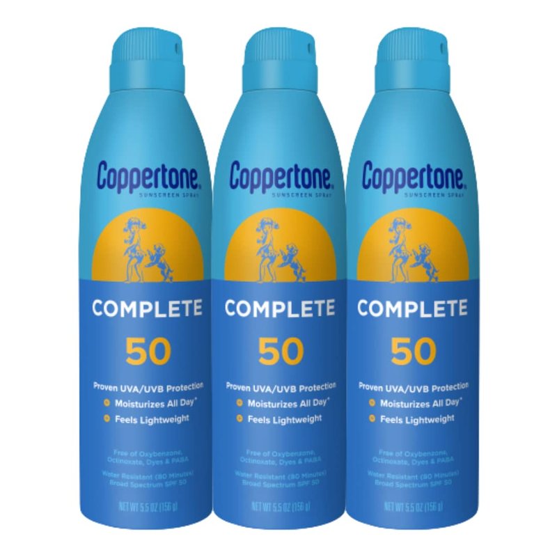 Coppertone Complete Sunscreen Spray SPF 50, Spray Sunscreen for Body, Lightweight, Water Resistant, 5.5 Oz, Pack of 3