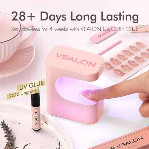 VSALON Short Almond Press-On Nails, 42 Count (Pack of 1), French Tip & Cat Eye, Cream Finish, Plastic, 16 Sizes & 10 Alternative Nails, UV Glue, Easy Tabs, Remover (Rose Sweetheart)