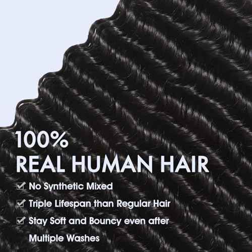 Human Hair Bundles 14 16 18 20 Inch Deep Wave Bundles Human Hair Curly Hair Extensions 16A 100% Unprocessed Brazilian Raw Hair Bundle Quick Weave Wet and Wavy Deep Wave 4 Bundle Deals Natural Black