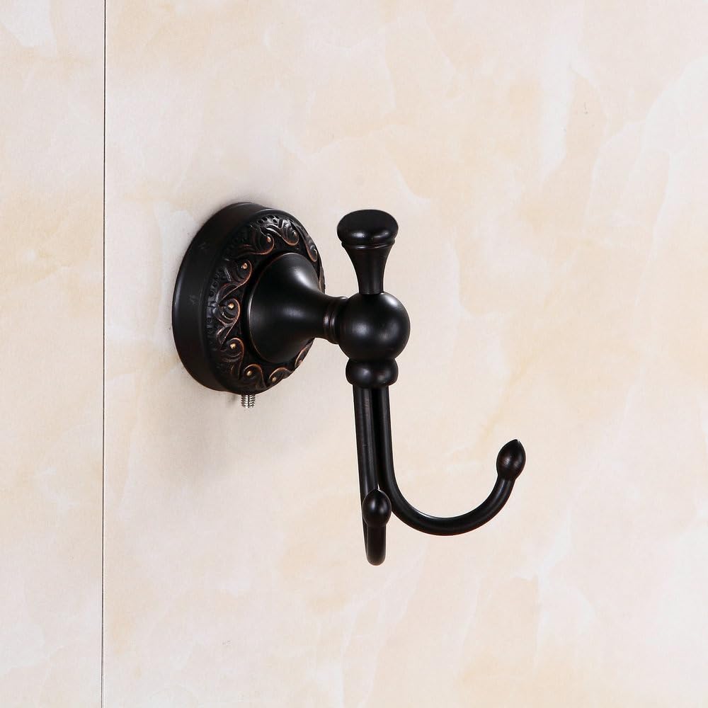 Kelelife Antique Brass Towel Hook, Screw-Mounted Shower Wall Hook, Wall-Mounted Bathroom Hook for Hanging Clothes & Robes, Vintage Oil Rubbed Copper Brass Carving Series Long-Handle Double Hook