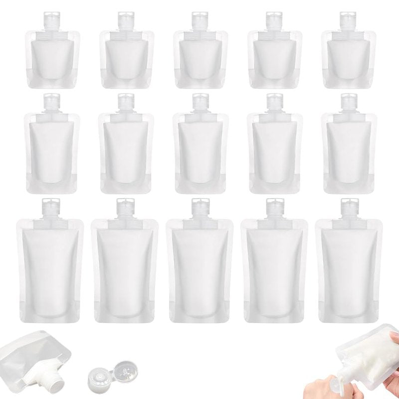 15PCS Portable Travel Fluid Makeup Packing Bag Travel Size, 2025 Portable Pouches for Toiletries,Refillable Travels Accessories for Shampoo Conditioner Lotion Soap Liquids (15pcs)