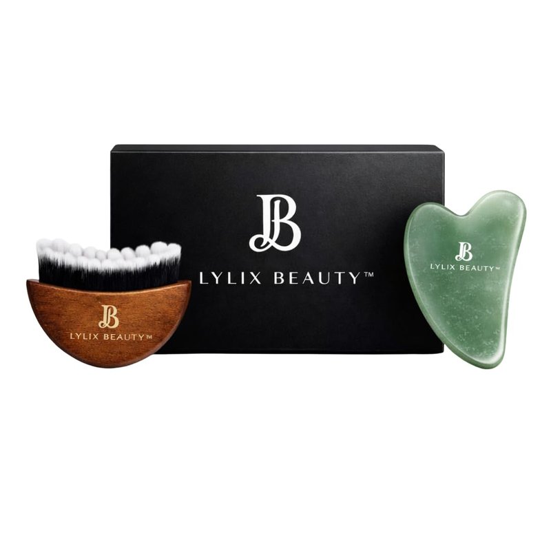 Lylix Beauty Lymphatic Contour Face Brush & Jade Gua Sha | Lymphatic Drainage Brush for Face & Neck | Dry Brush for Face, Sculpting & Depuffing - Face Lymphatic Drainage Tool for Skin Care