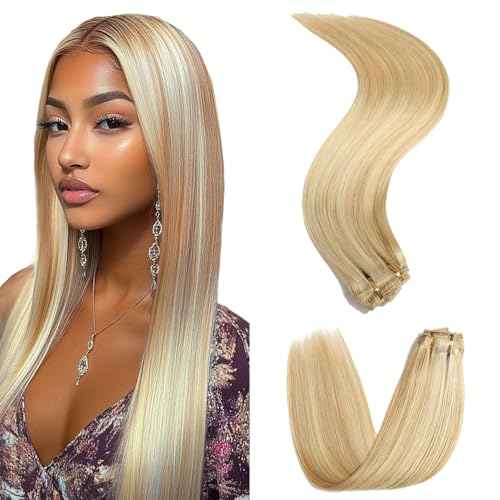 26 Inch P27/613 Blonde Clip in Hair Extensions - Real Remy Human Hair, 120g 7pcs, Highlight Blonde Human Hair Extensions Clip ins for Women