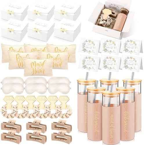 Tioncy 42 Pcs Bridesmaid Proposal Gifts Bridal Shower Wedding Gift Box Makeup Bags Invited Cards Tumblers with Lids and Straw Scrunchies Eye Mask Hair Clips for Maid of Honor(Champagne)