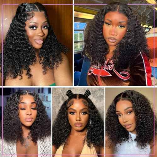 Curly BOB Wig Human Hair 200 Density 5x5 HD Lace Closure Deep Wave Wigs for Black Women Glueless Wear and Go Pre Plucked Deep Wave Wet and Wavy Glueless Wigs Human Hair Natural Black 18 Inch