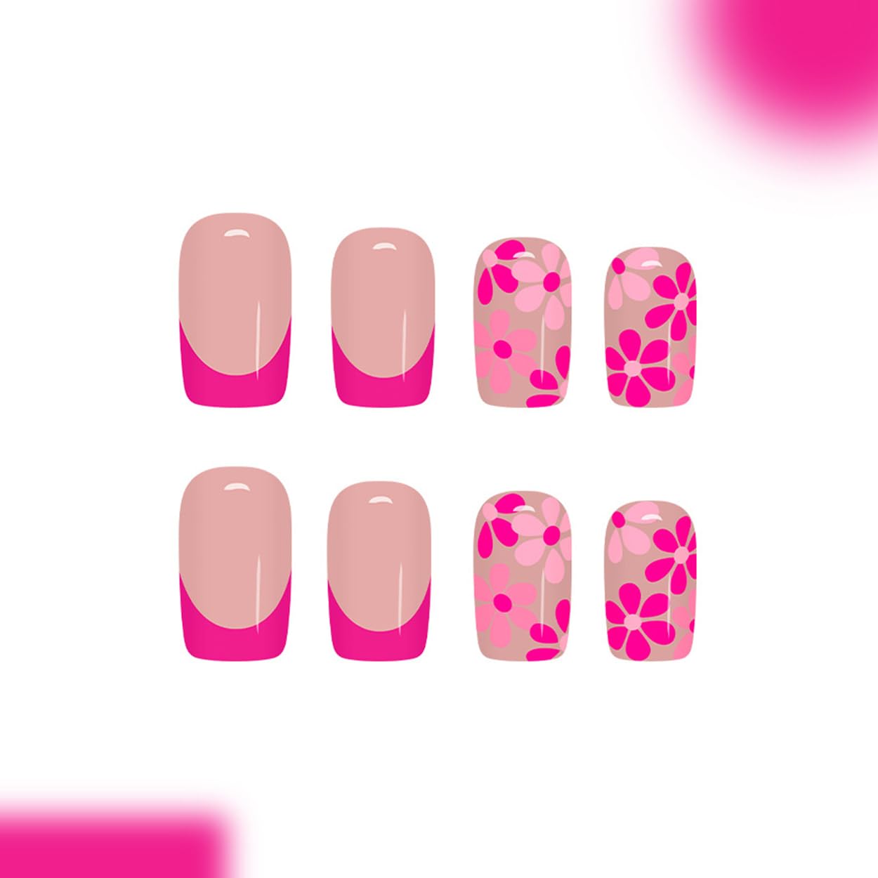 ZWENJIE Medium Press on Nails Square Spring Flower Acrylic Nail Tip Kit Fake Nails Press ons Stick on Nails Supplies Glue on Nails Full Cover False Nails Hot Pink French Glossy Design for Women 24Pcs