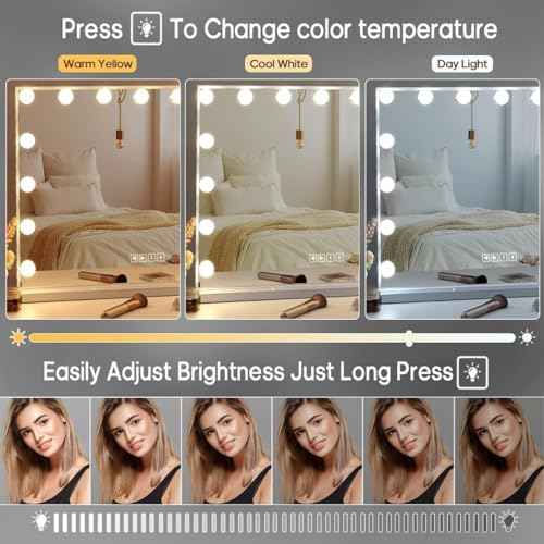 Fenair Vanity Mirror with Lights and Speaker Hollywood Speaker Support Answer Call, Touch Screen, 3 Color Modes Tabletop 15 Dimmable Bulbs