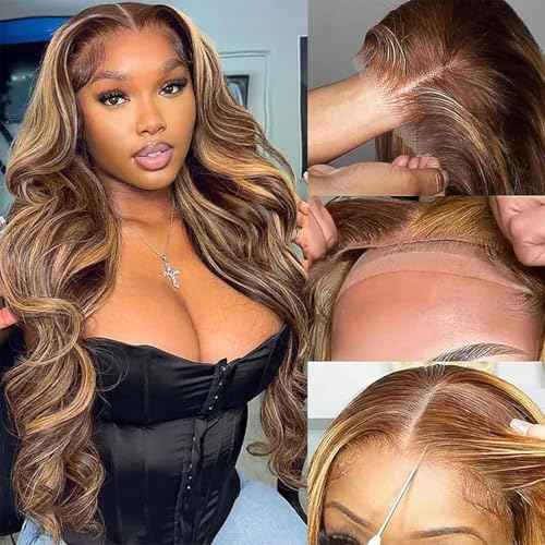 24 Inch Highlight Ombre Glueless Wigs Human Hair Pre Plucked Pre Cut 200% Density 5x5 HD Lace Closure Wigs Human Hair Honey Blonde Body Wave Wear and Go Glueless Wig for Women 3X Longer Lifespan