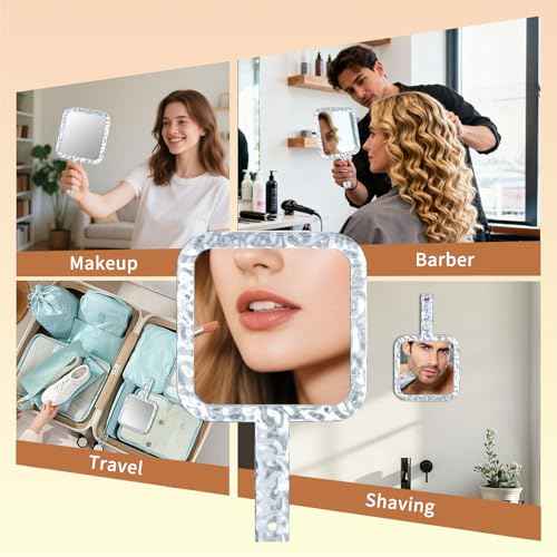 Famihomii Handheld Mirror with 1X/7X Magnification, Dual-Sided Magnification Hand Mirror, Hand Mirror with Handle, 10" x 6.1", Lightweight & Durable, Portable & Hangable for Makeup, Shaving - Clear