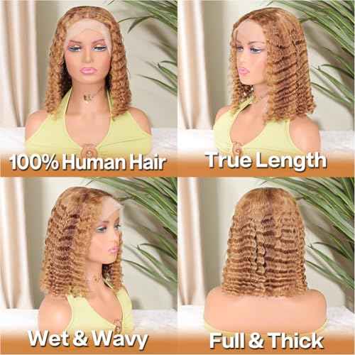 Curly Bob Wig Human Hair Deep Wave 13x4 HD Lace Front Wigs For Black Women Human Hair Pre Plucked Wear And Go Glueless Short Wet And Wavy Ombre Honey Blonde Highlight Color 4/27 12 Inch