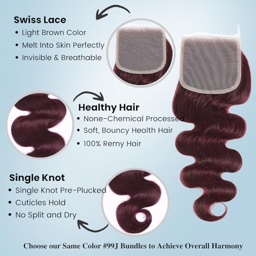 ALHER 99j Burgundy Body Wave 4x4 Lace Closure Human Hair, 12A Dark Burgundy Wine Red Color Wavy Free Part Melt Lace Closure, 100% Unprocessed Virgin Remy Hair Pre Plucked With Baby Hair Closure 12 IN
