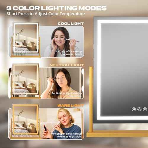 Hasipu Vanity Mirror with Lights, 17" x 22" LED Makeup Mirror, Light up Mirror with Smart Touch 3 Color Modes and Brightness Adjustment, 10X Magnifying Glass,360¡Æ Rotation (Gold)