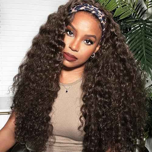 Headband Wig Human Hair Deep Wave Half Wigs Glueless None Lace Front Wigs with Headband Attached Brazilian Human Hair Headband Wigs Glueless Curly Hair for Black Women(22 Inch, Chocolate Brown)