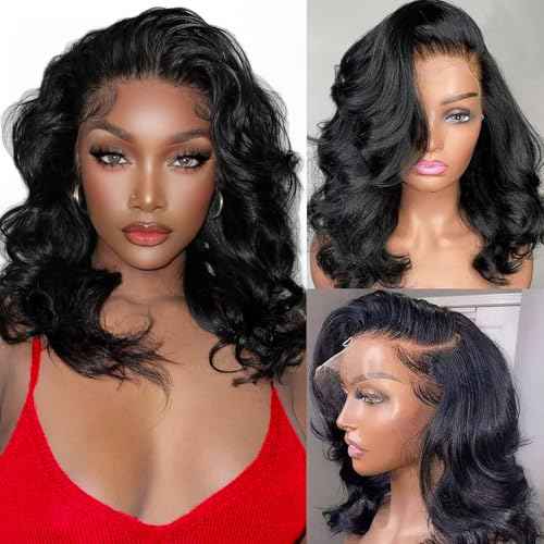 16 Inch Bob Wig Human Hair 13x6 Body Wave Lace Front Wigs Human Hair Pre Plucked 200 Density HD Lace Frontal Wigs for Women Glueless Wigs Natural Black