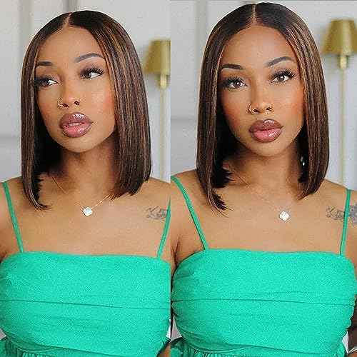 Straight Highlight Ombre Bob Wig Human Hair 4x4 Lace Front Wigs 1b/30 Colored Highlights Honey Blonde Lace Closure Wigs Glueless Pre Plucked Hairline 180% Density Bob Wigs for Women 12 Inch