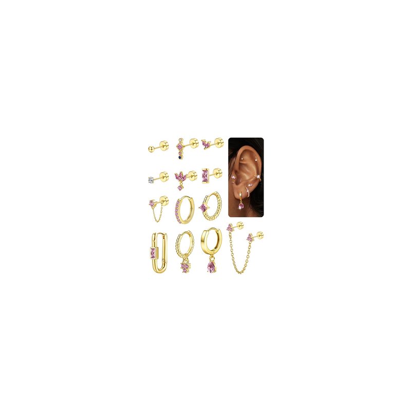 Sanfenly Stud Earrings Small Gold Hoop Earrings Set for Women Flat Back Earring Hypoallergenic Cartilage Earring Lightweight Dainty 14K Gold Stud Earrings for Multiple Piercing Set (Single 13 PCS)