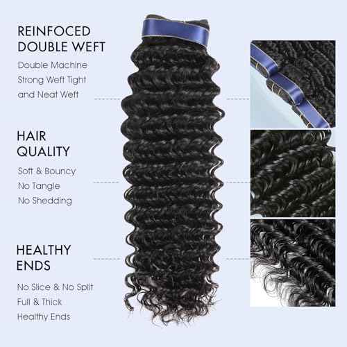 Human Hair Bundles 14 16 18 20 Inch Deep Wave Bundles Human Hair Curly Hair Extensions 16A 100% Unprocessed Brazilian Raw Hair Bundle Quick Weave Wet and Wavy Deep Wave 4 Bundle Deals Natural Black