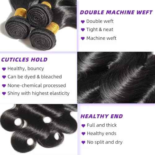 12A Human Hair Bundles 12 14 16 Inch Body Wave Bundles Human Hair 100% Unprocessed Brazilian Virgin Weave 3 Bundle for Women Natural Black Wet and Wavy Human Hair Extensions