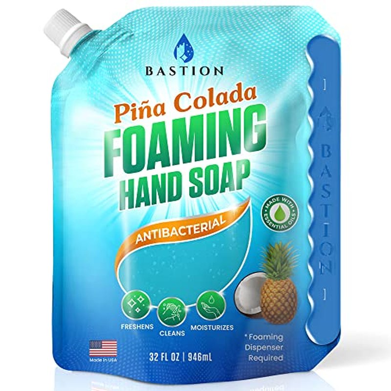 Bastion Foaming Hand Soap Refills - 32oz Pouch, Pina Colada Scented Antibacterial Foam Wash