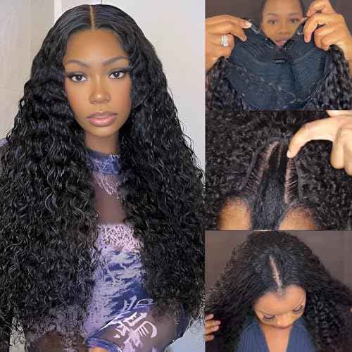 V Part Human Hair Wig Water Wave Thin Part Glueless Clip In Half Wigs 180% Density Curly V Shape Clip in Half Wig Beginner Friendly Water Curly Brazilian Virgin Human Hair Wigs (22 Inch)