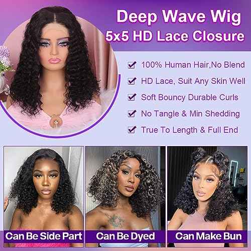 Curly BOB Wig Human Hair 200 Density 5x5 HD Lace Closure Deep Wave Wigs for Black Women Glueless Wear and Go Pre Plucked Deep Wave Wet and Wavy Glueless Wigs Human Hair Natural Black 18 Inch