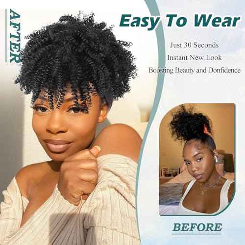 Headband Wig Afro Kinky Headband Wig with Bangs for Women Black Head Wrap 2 in 1 for Women Curly Full Scarf Wigs Synthetic Short Afro Kinky Wigs Afro High Puff Wig