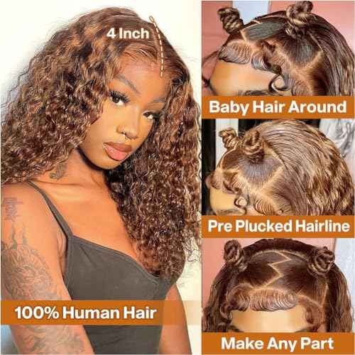 Curly Bob Wig Human Hair Deep Wave 13x4 HD Lace Front Wigs For Black Women Human Hair Pre Plucked Wear And Go Glueless Short Wet And Wavy Ombre Honey Blonde Highlight Color 4/27 12 Inch