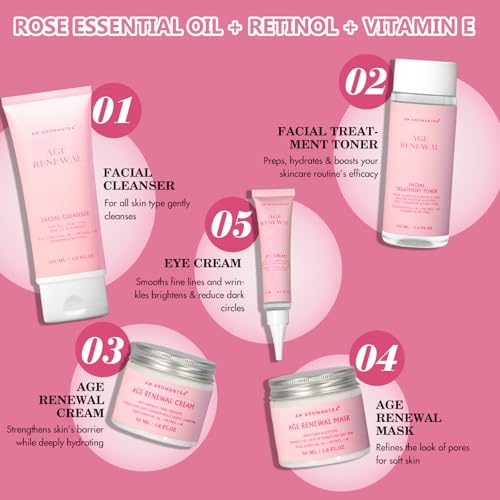 Mother's Day Gifts for Mom Skin Care Routine Kit for Women, Rose Essential Oil+Retinol+ Vitamin E, 10-Piece Complete Skin Care Set, Korean Skin Care Set, Birthday Gifts for Women