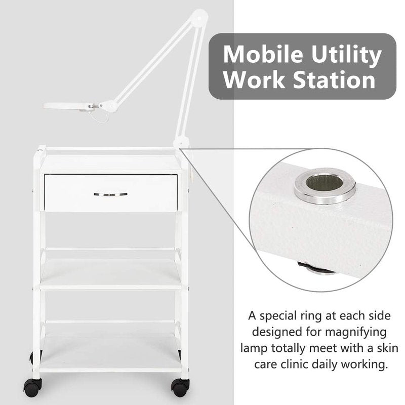 Salon Trolley Cart - Wooden Rolling Storage Station with 1 Drawer & 2 Trays | Mobile Utility Cabinet for Beauty & Spa, White