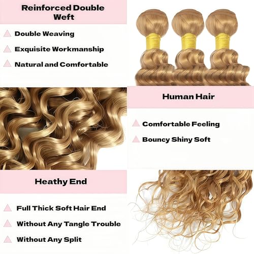 Blonde Deep Wave Human Hair Bundles 10 12 14 Inch Deep Wave Bundles Human Hair Extensions Double Weft Weave for Women 27 Color