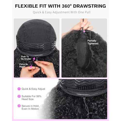 Kinky Curly Half Wig Human Hair 200 Density 3 In 1 Seamless Flip Over Half Wigs Glueless KinkyCurly Wigs Human Hair Beginner Friendly 360 Degree Flexi-fit Drawstring Headband Wig for Women 16 Inch