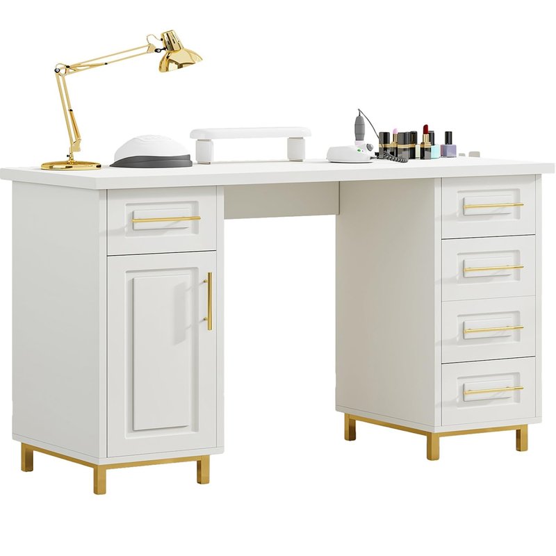 MaverickFurni Nail Tech Desk for Nail Tech, 43 Inch Wooden Manicure Table with Storage, Nail Table with 5 Drawers and Cabinet, Manicure Desk Nail Station (White)