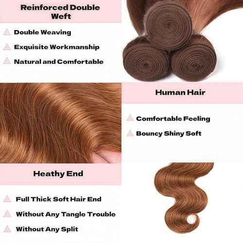 Light Brown Human Hair Bundles Body Wave 20 22 24 Inch Body Wave Human Hair Weave 3 Bundles Silky Hair Bundles Brazilian 3 Bundles Human Hair Extensions 30 Color