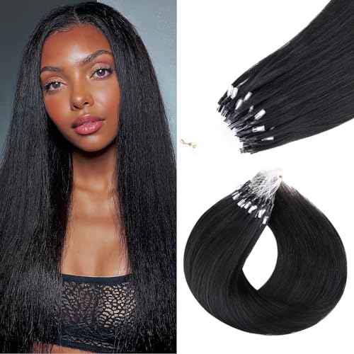 Lashey Micro Link Hair Extensions Human Hair Natural Black 18 Inch Yaki Straight Micro Beads 50g 50s Micro Loop Micro Ring Human Hair Invisible for Women