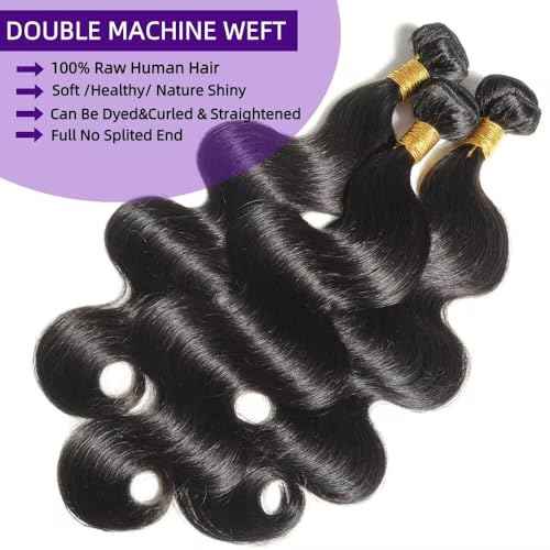 12A Human Hair Bundles 12 14 16 Inch Body Wave Bundles Human Hair 100% Unprocessed Brazilian Virgin Weave 3 Bundle for Women Natural Black Wet and Wavy Human Hair Extensions