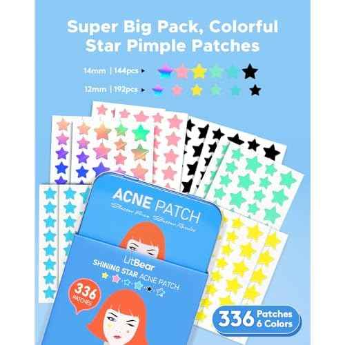 LitBear Acne Patch Pimple Patch, 6 Colors 336 Dots Star Pimple Patches with Tea Tree Oil & Centella Oil, Hydrocolloid Acne Pimple Patches for Face Cute Zit Patches Pimple Stickers Acne Dots