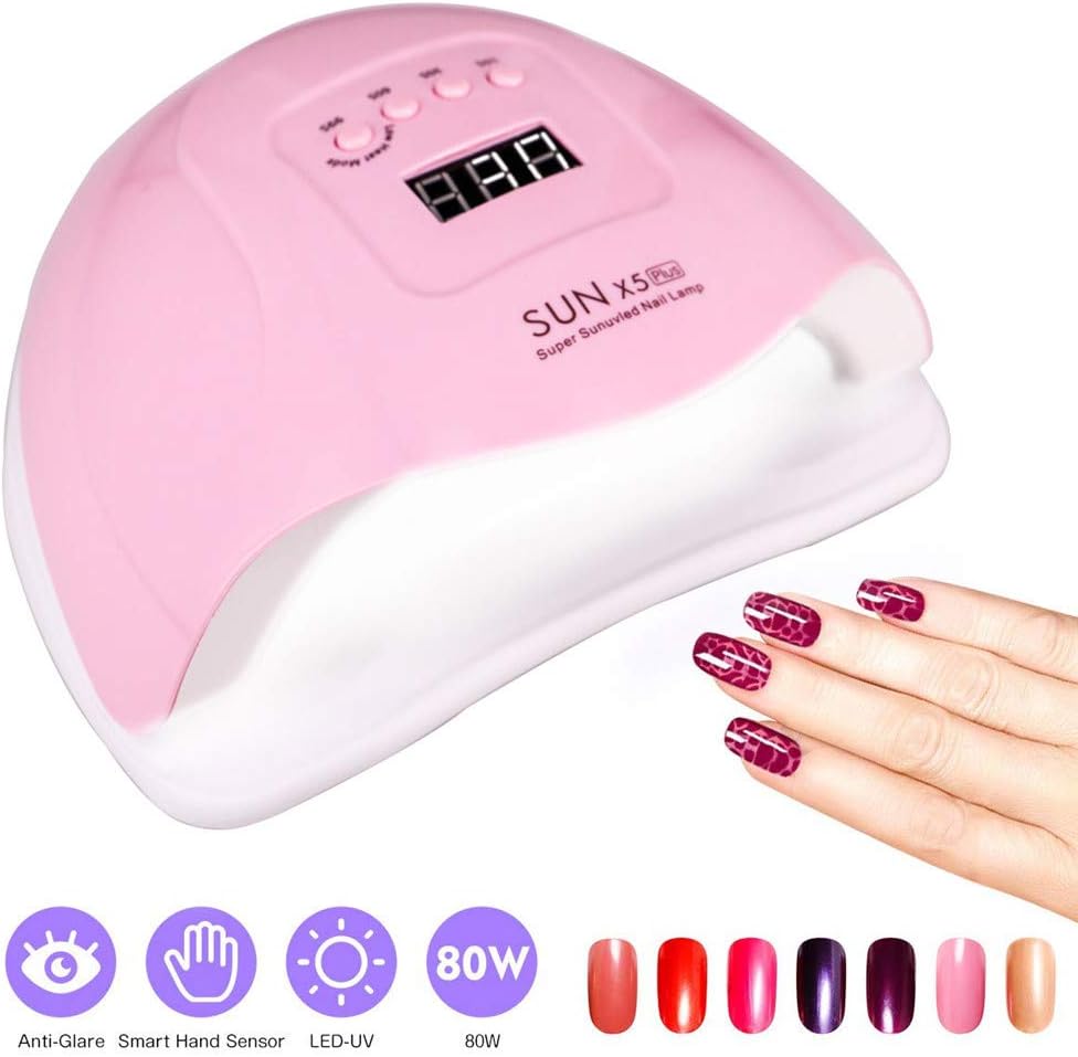 UV LED Nail Lamp - 80W Professional Gel Polish Dryer with 4 Timer Settings | Fast Drying for Fingers & Toes, Pink