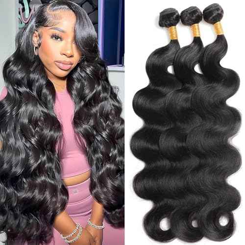 Hswpawk 12A Human Hair Bundles 22 24 26 Inch Body Wave Bundles Human Hair 100% Unprocessed Brazilian Virgin Hair 3 Bundles Hair Weft Weave Natural Black Color