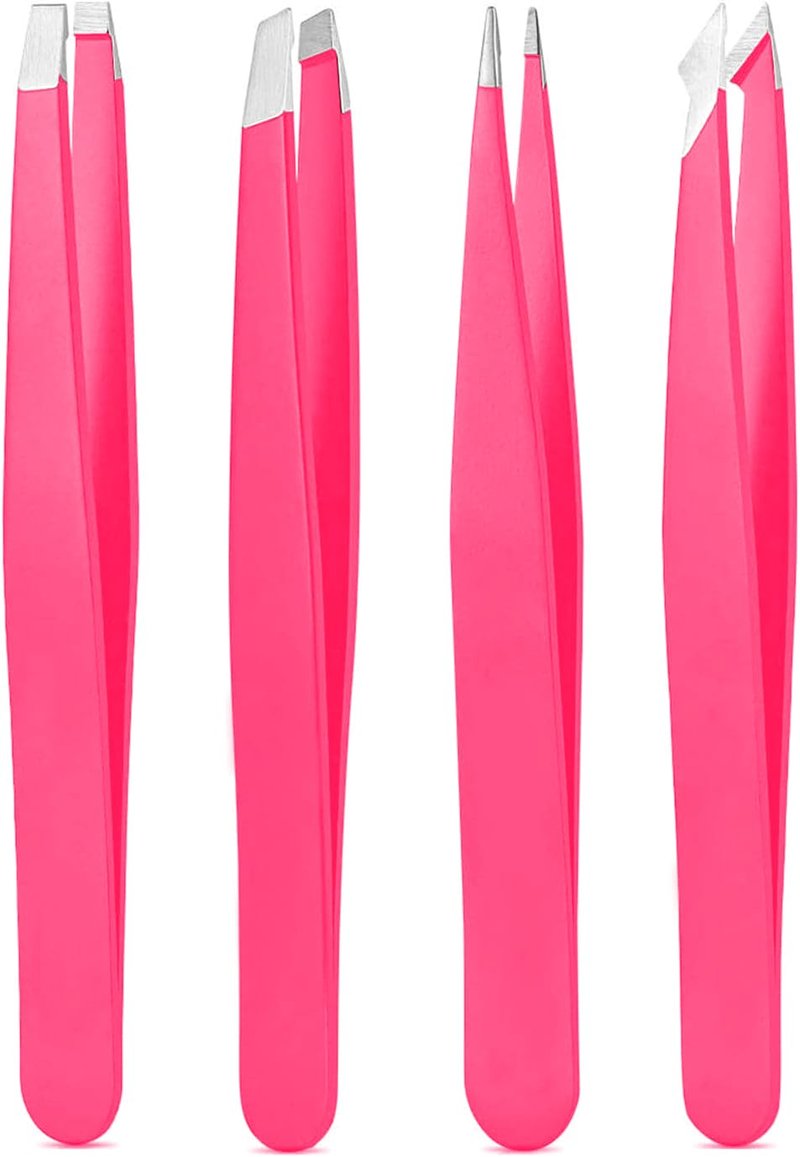 Derlaier Tweezers Set Professional High Precision Stainless Steel Eyebrow Remover Ingrown Hair & Splinter Removal Kit Facial Hair Grooming Tools for Men Women Pink 4 Pcs
