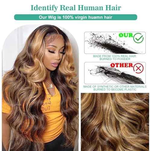 QNQZ Honey Blonde 13x6 Lace Front Wig Human Hair 30 Inch Loose Body Wave Highlight Ombre Glueless HD Lace Frontal Wigs for Women 4/27 Brown Ombre Human Hair Wig Pre Plucked 220 Density