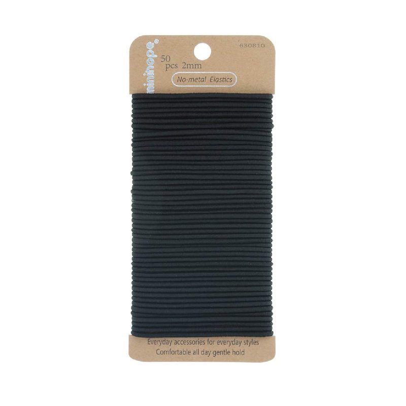 no-metal girls elastic hair ties, women's black elastics, 2mm Hair elastics 50 Count