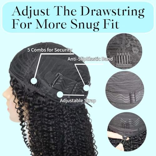 Kinky Curly Half Wig Human Hair Drawstring Seamless Flip Over Half Curly Wig Human Hair Invisible Hairline Glueless Wear and Go Wigs For Black Women Beginner Friendly 18Inch 200% Density